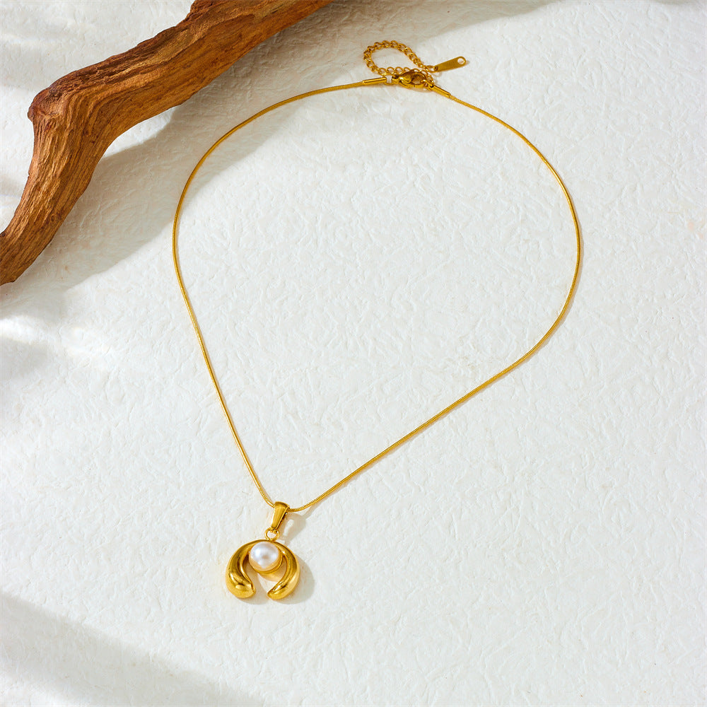 Minimalist Business Geometric Stainless Steel Pearl Inlay Plated Pendant Necklace with Snake Chain for Women