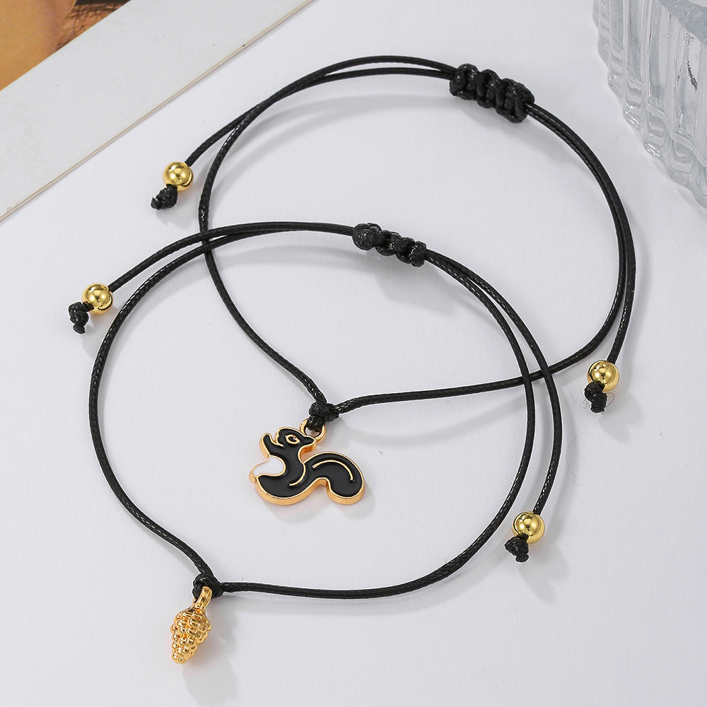Cute Squirrel and Pinecone Pendant Braided Friendship Bracelet for Women and Men, Alloy Handmade Fashion Bracelet
