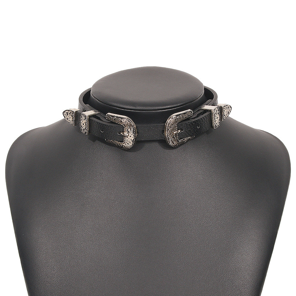 Collana girocollo in pelle geometrica minimalista spigolosa con fibbia in metallo da donna