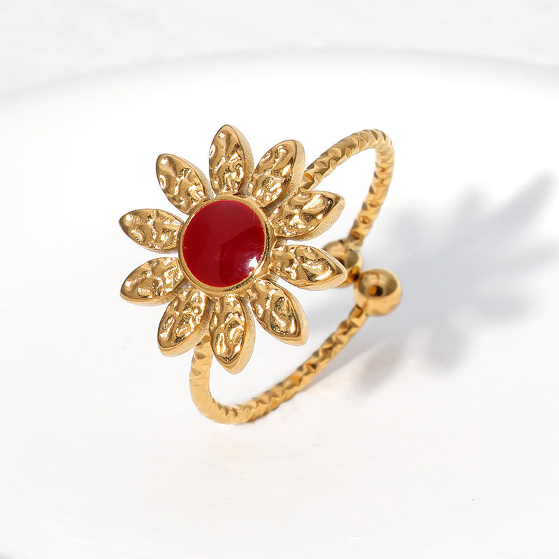 Anello Girasole Leggero alla Moda Placcato Oro 18K in Acciaio Inossidabile, Gioielli Floreali Apribili e Regolabili da Donna