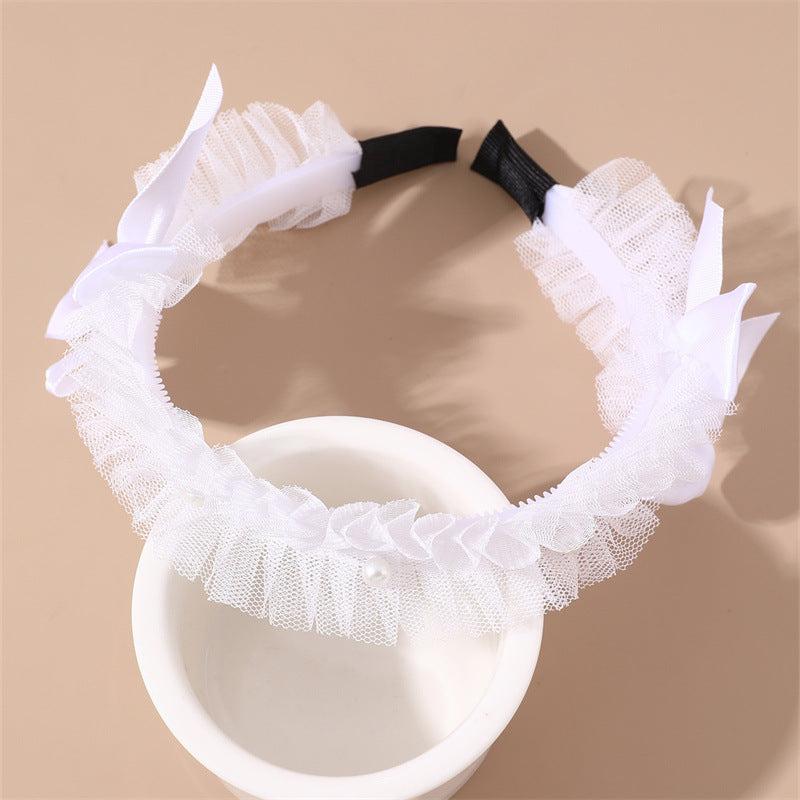 Cerchietto per Capelli con Fiocco in Pizzo e Tulle, Dettagli di Perle, Design Geometrico, Finitura in Resina Colata
