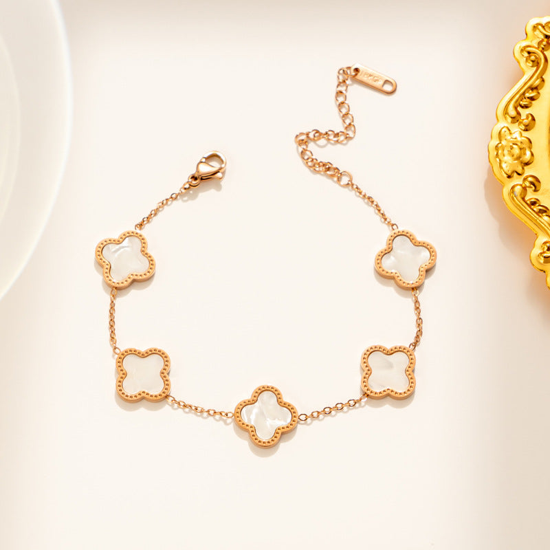 Bracciale in Acciaio al Titanio con Trifoglio a Quattro Foglie Geometrico Leggero di Lusso Placcato Oro Rosa 18K