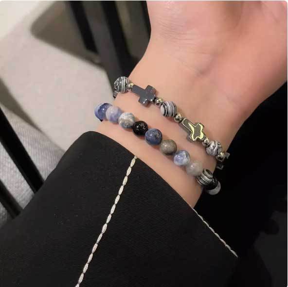 Minimalist Cross Black Obsidian Bracelet for Men and Women Handmade Stone Jewelry with Dark Aesthetic
