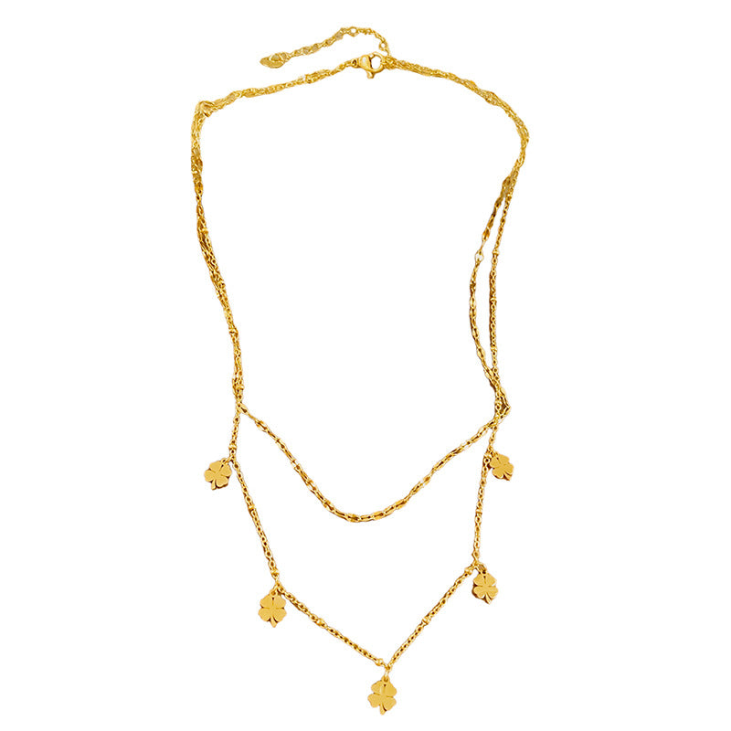 Gold Plated Titanium Steel Four-Leaf Clover Lip Chain Bracelet Set