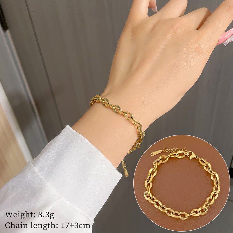 Vintage Women's Titanium Steel Rope Chain with Round Beads and Roman Numerals Gold Plated Wave Texture Four-Season Bean Hand Chain