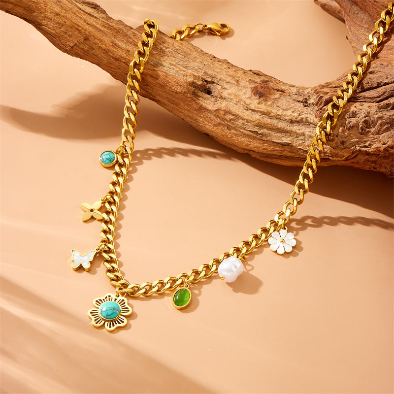 Vintage Stainless Steel Plated Butterfly Daisy Flower Pendant Necklace with Pearl and Turquoise Inlay for Women