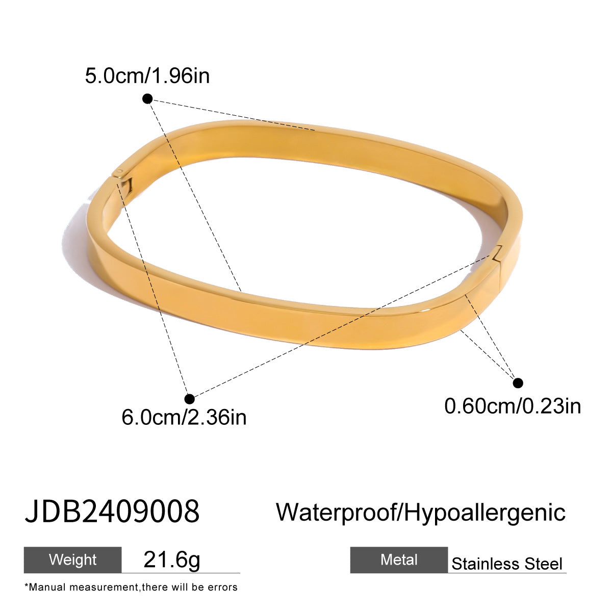 Bracciale a Polsino Minimalista Quadrato in Acciaio Inossidabile con Finitura Placcata per Uomo e Donna