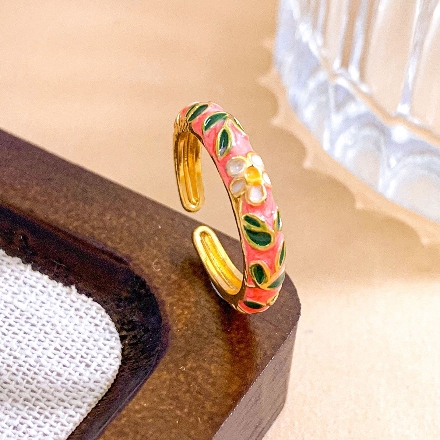 Vintage Sweet Floral Enamel Gold Plated Brass Ring for Women