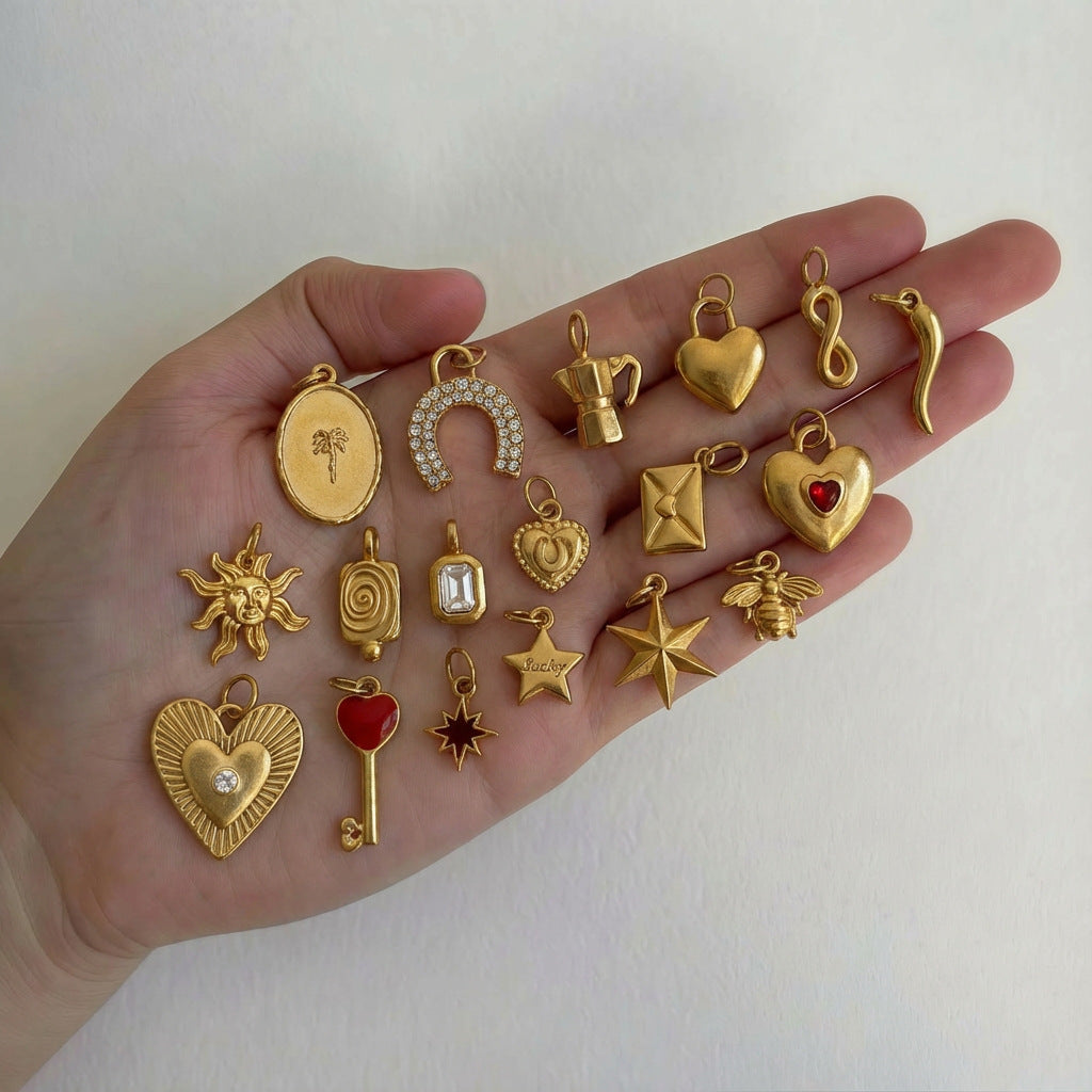Vintage Gold Plated Stainless Steel Sun Star Horseshoe Chili Pepper Charm Bar