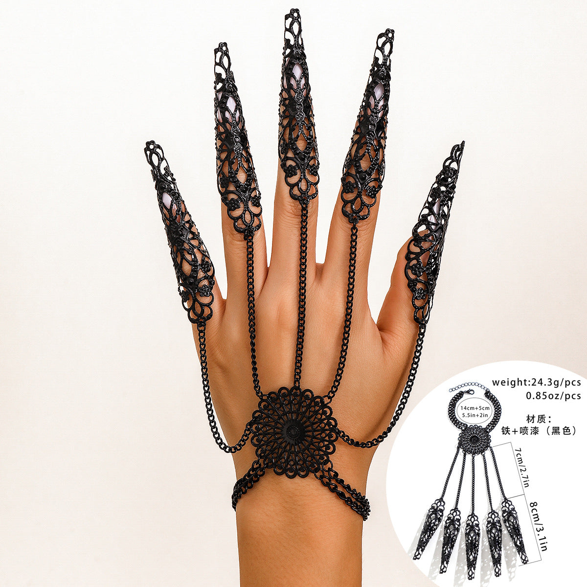 Gothic Style Geometric Pendant Finger Bracelet with Tassel and Chain Detail for Women