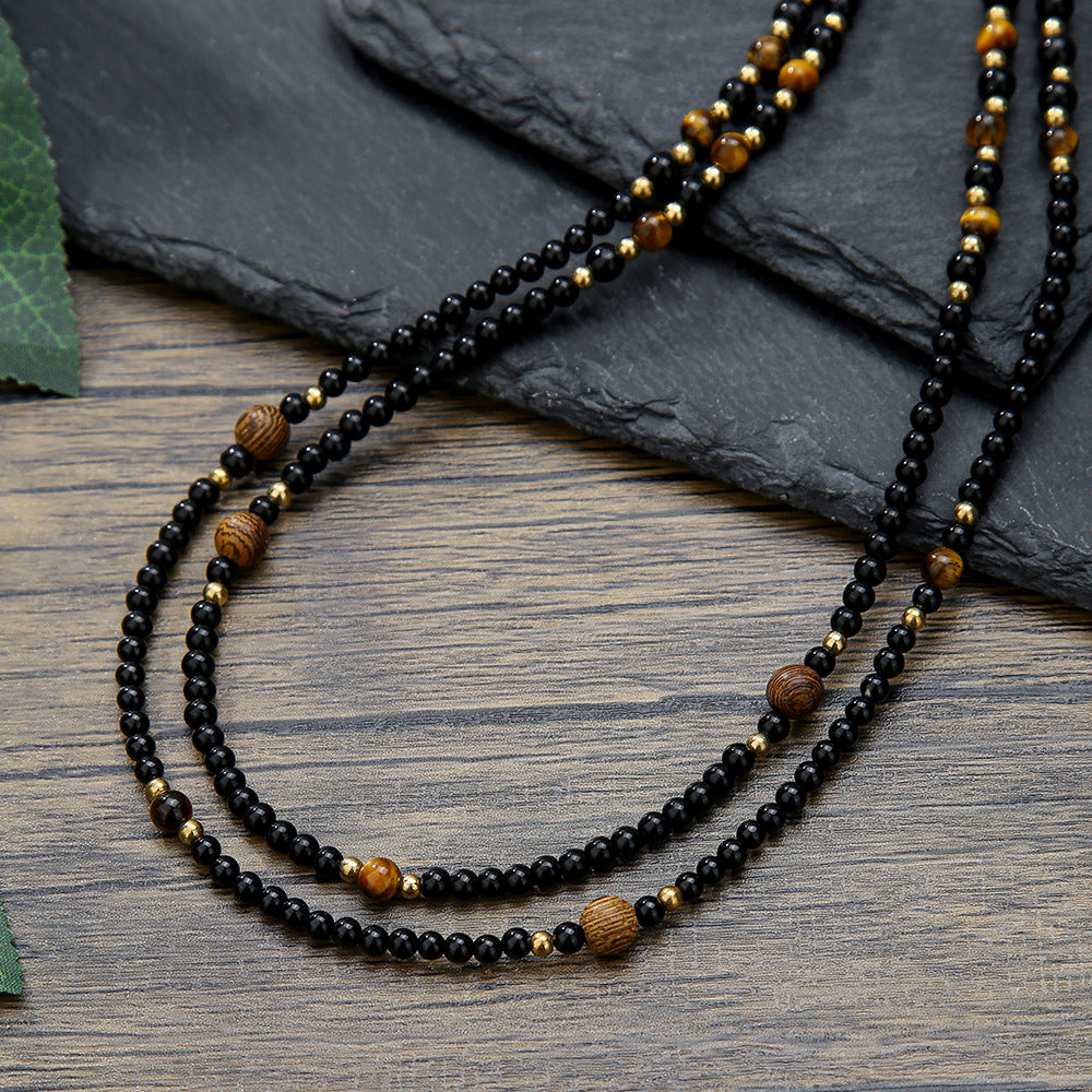 Exaggerated Minimalist Geometric Round Tiger's Eye Agate Beaded Titanium Steel Necklace for Men with Cable Chain