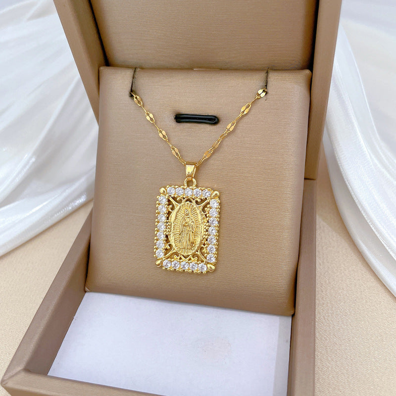 Collar con colgante de luna geométrica minimalista para mujer y hombre en acero de titanio con incrustaciones de diamantes de imitación en cadena de acero de titanio