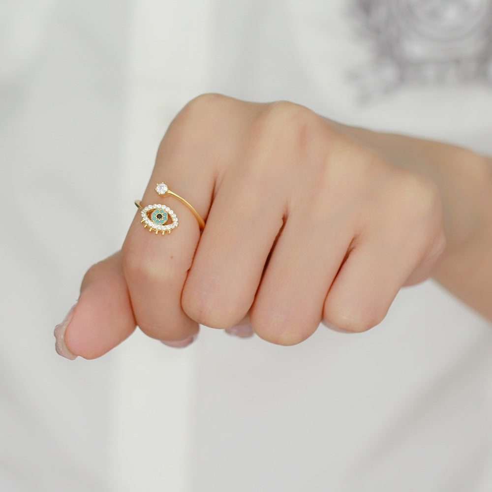 Anello regolabile aperto con placcatura in oro a forma di occhio di demone, in argento sterling 925, per dito indice, stile minimalista