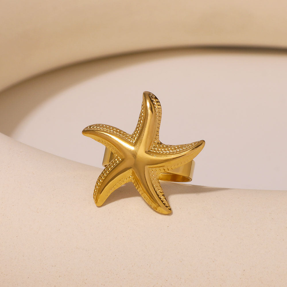 Anello Aperto da Donna a Tema Oceano Spiaggia Stella Marina Stile Ins in Acciaio Inossidabile con Placcatura in Oro 18K