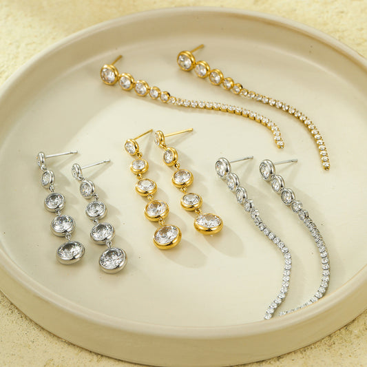 Pendientes largos de borla estilo vintage de acero inoxidable con detalles de diamantes de imitación para mujer