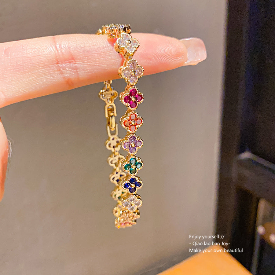 Luxury Sweet Floral Brass Inlaid Cubic Zirconia Bracelet for Women