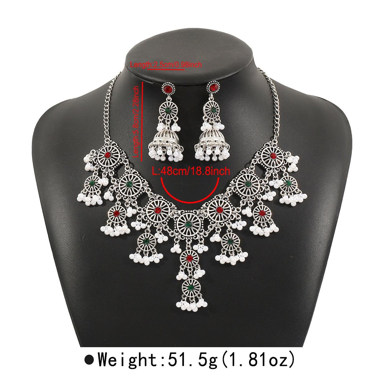 Set Collana e Orecchini Bohemian Vintage con Fantasia Geometrica, Ciondolo Imitazione Perla, Intarsio di Strass, Nappina e Catena Regolare