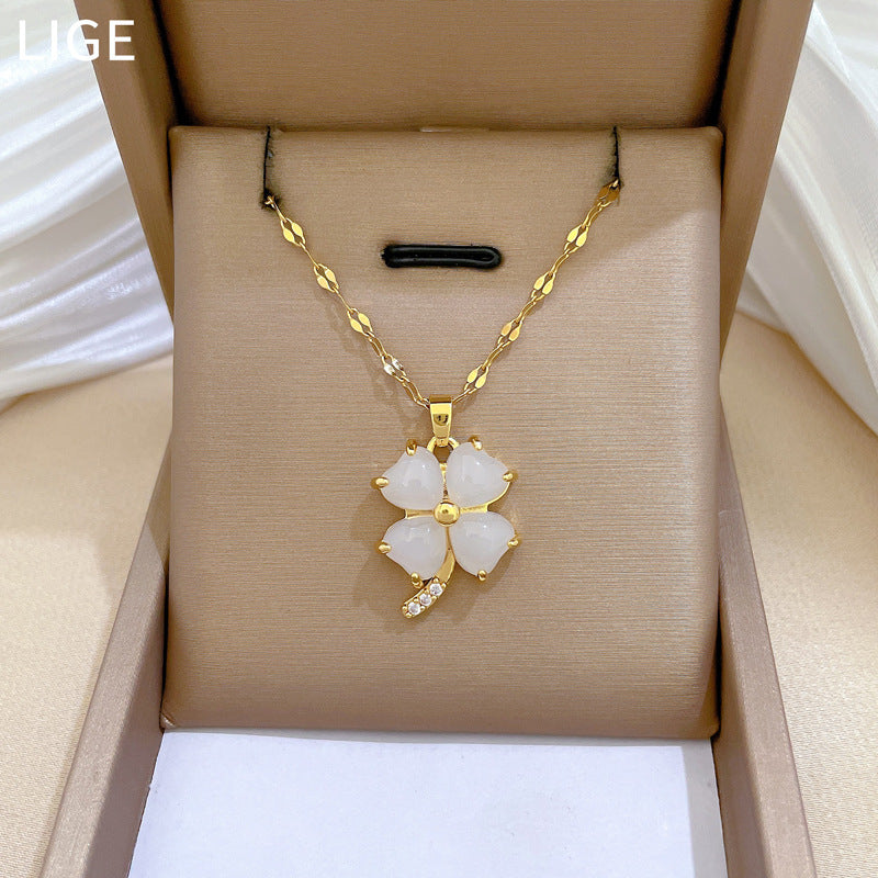 Lucky Clover Pendant Necklace for Women Stainless Steel Geometric Design with Rhinestone Inlay Elegant Clavicle Chain