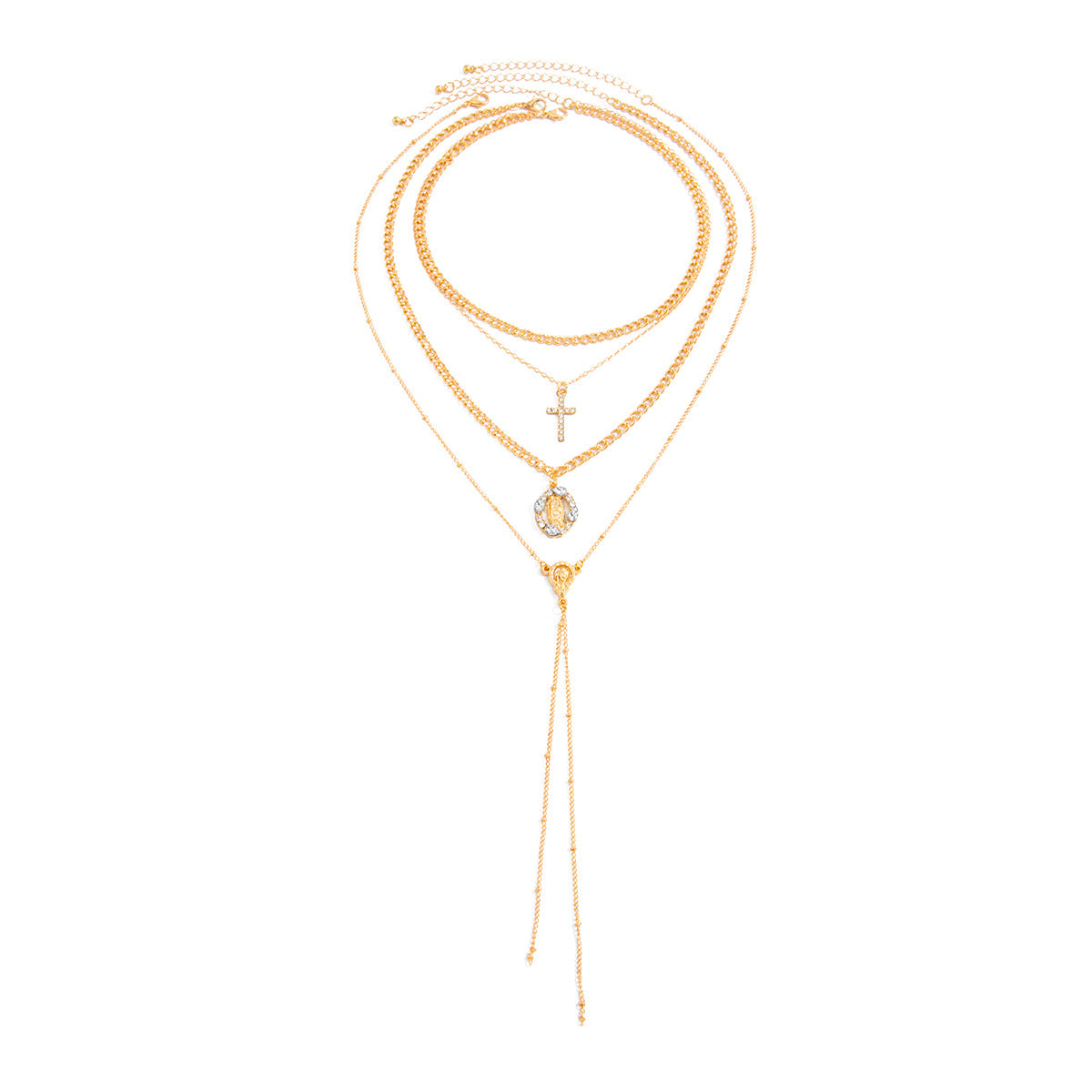 Luxury Geometric Cross Rhinestone Zinc Alloy Pendant Necklace Plated Iron Multi-layer Chain for Women