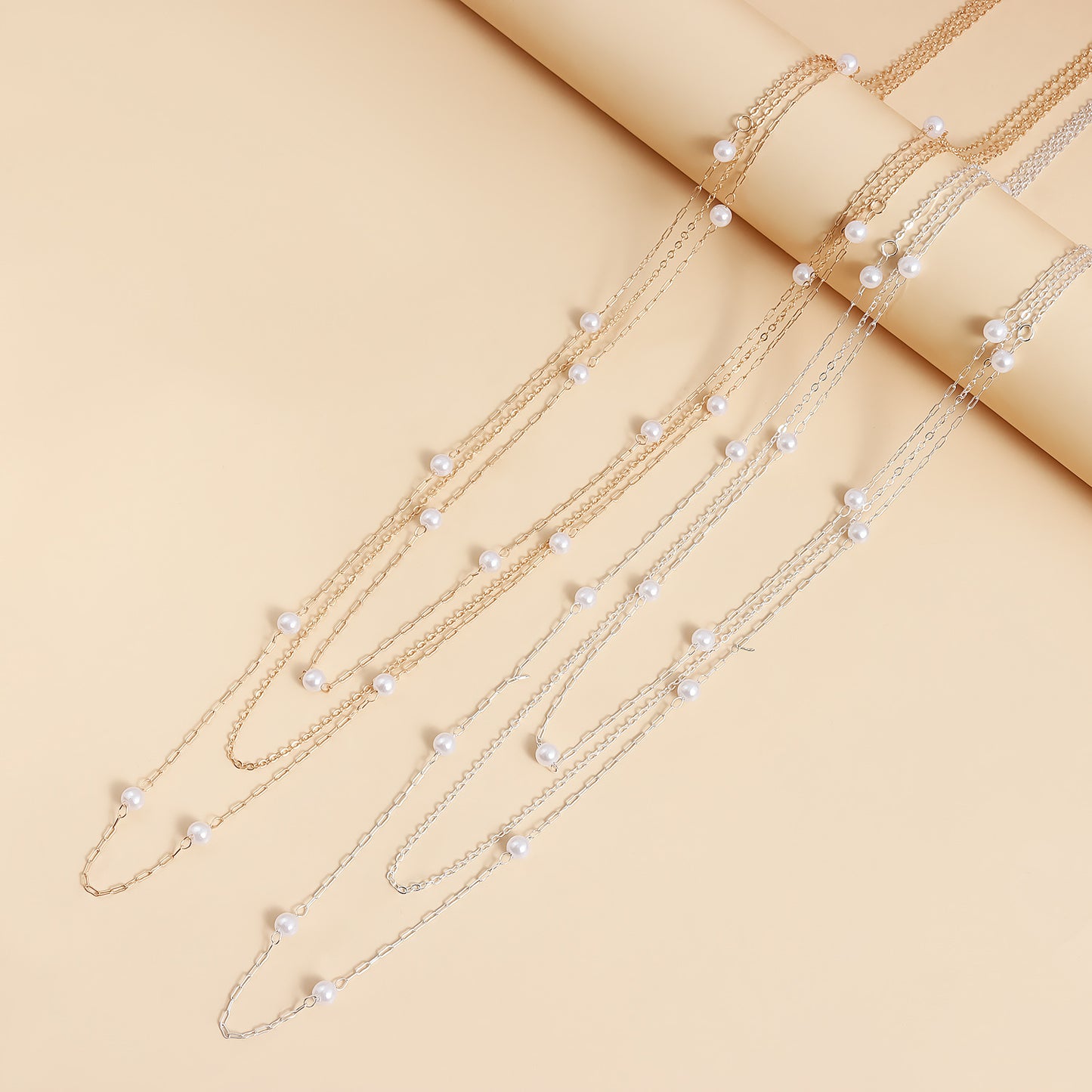 Long Elegant Layered Pearl-Style Necklace for Women Geometric Pendant Necklace