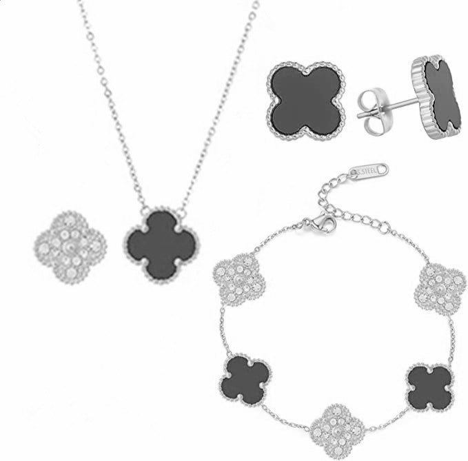 Bracciale Donna Lusso Stile Quadrifoglio in Acciaio al Titanio con Strass e Intarsio in Concha