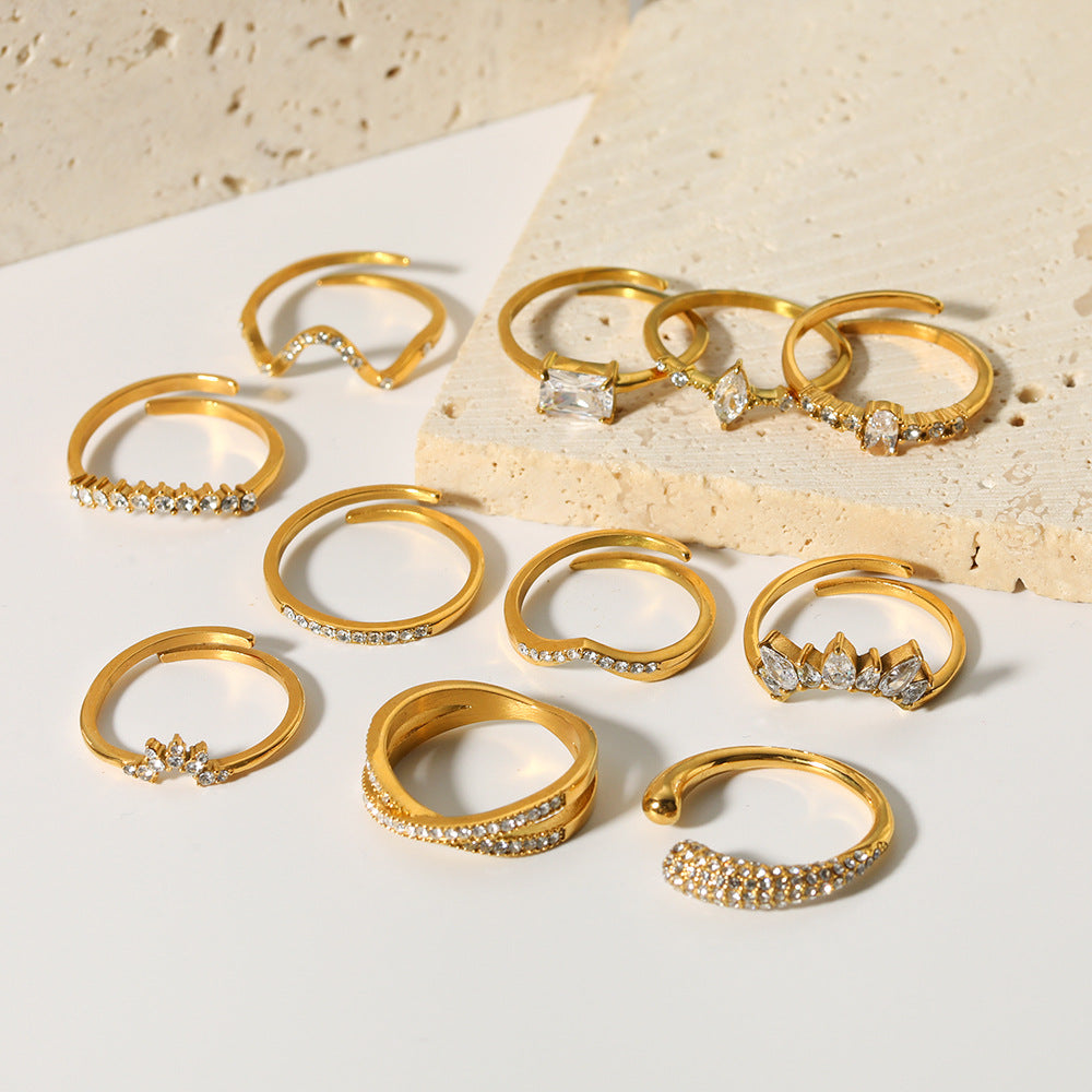 Anello Aperto da Donna in Acciaio al Titanio con Corona Irregolare e Zirconia Incastonata a Forma Geometrica, Stile Ins