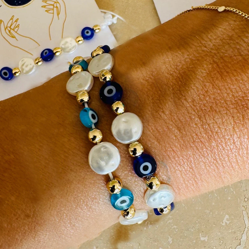 Evil Eye Pearl Geometric Handmade Glass Beaded Bracelet