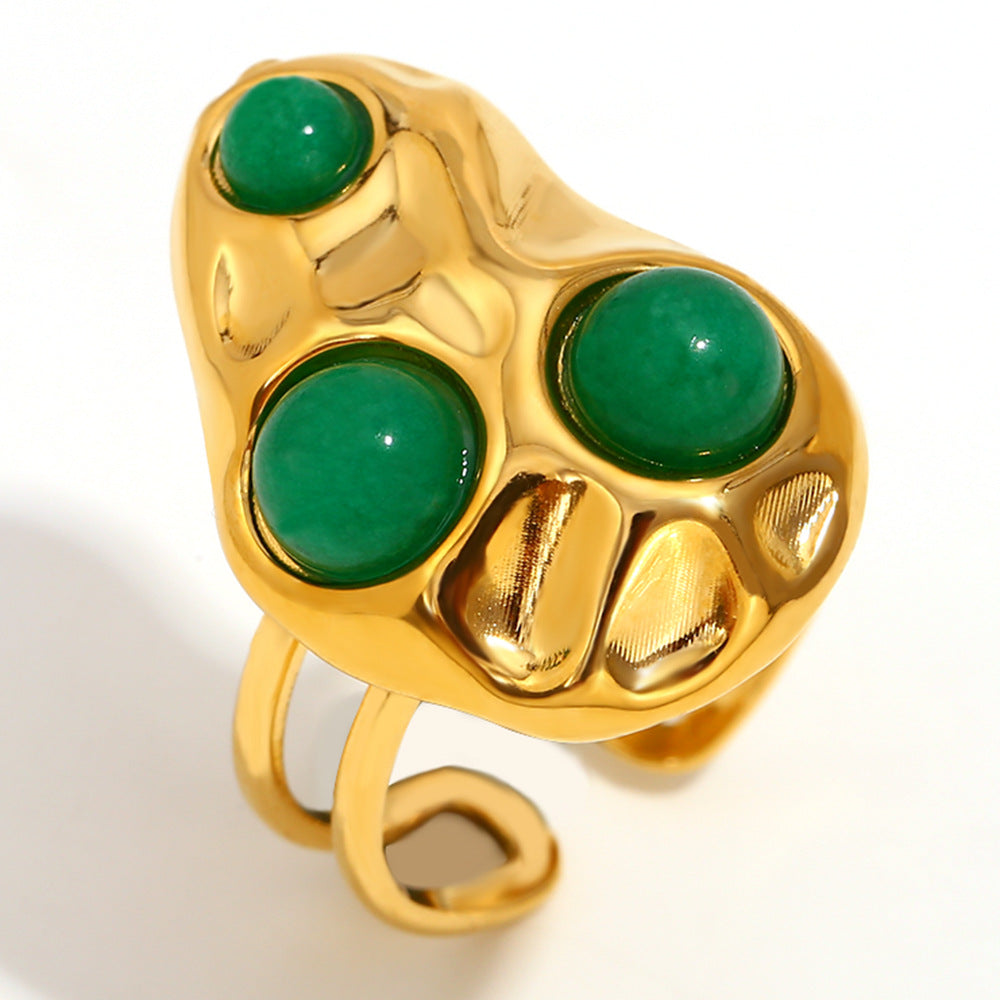 Anello da donna in acciaio inossidabile placcato oro 18K con motivo geometrico a fiore, stile vintage e texture martellata