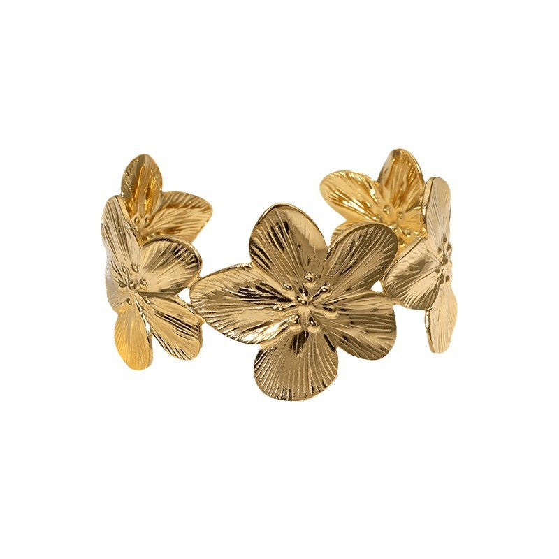 Bracciale a fascia in acciaio inossidabile con motivo floreale e finitura placcata, stile vintage, da donna