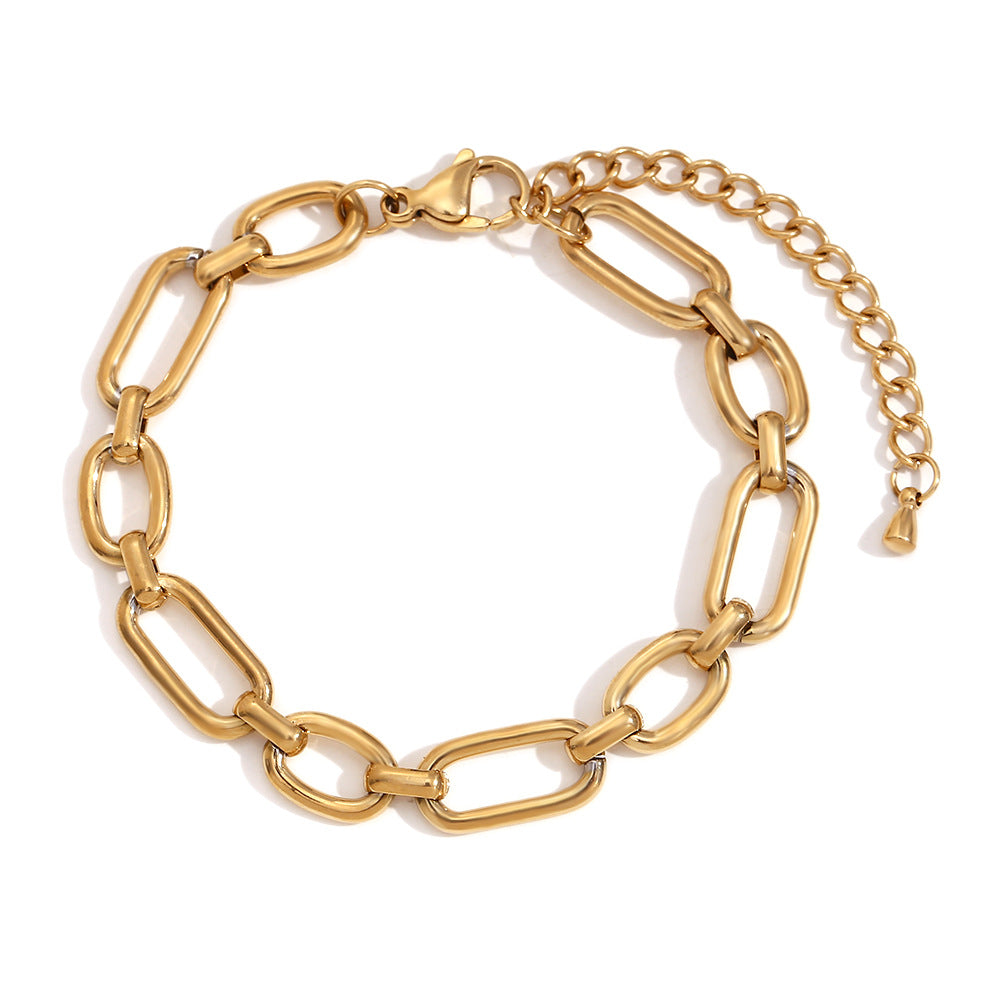 Minimalist Geometric Stainless Steel Plated 14K Gold Safety Pin Link Wide Bracelet for Women