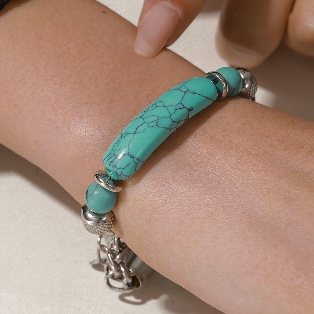 Vintage Geometric Stainless Steel Turquoise Bracelet for Men and Women
