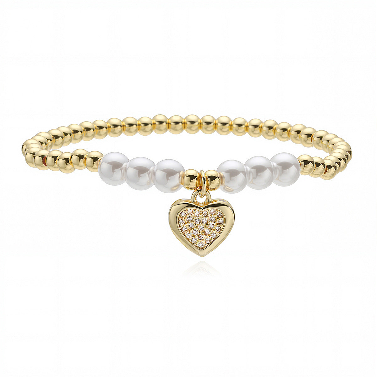 Elegant 18K Gold Plated Heart Geometric Stainless Steel Brass Pearl Cubic Zirconia Bracelet for Women