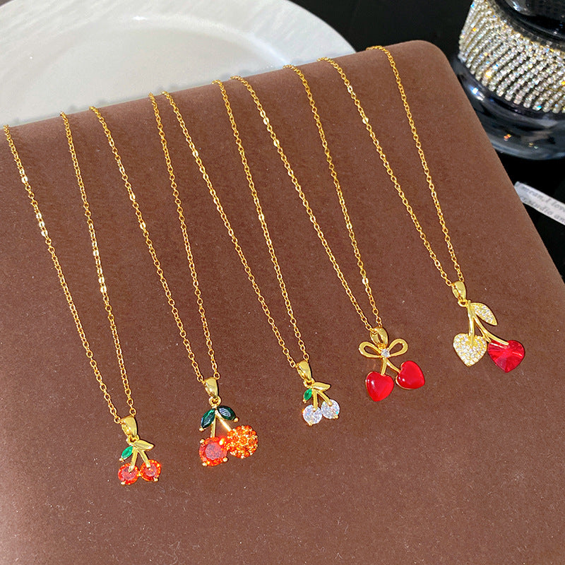 Sweet Rhinestone Cherry Fruit Pendant Titanium Steel Necklace with Cable Chain