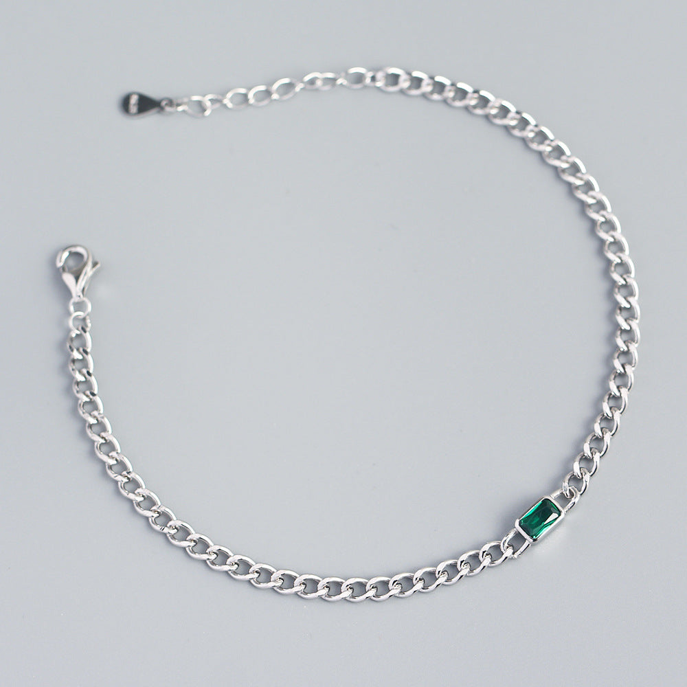 Bracciale a catena con maglie a cordolo in argento sterling 925 di lusso, elegante, geometrico, rettangolare, con intarsio di smeraldo da donna