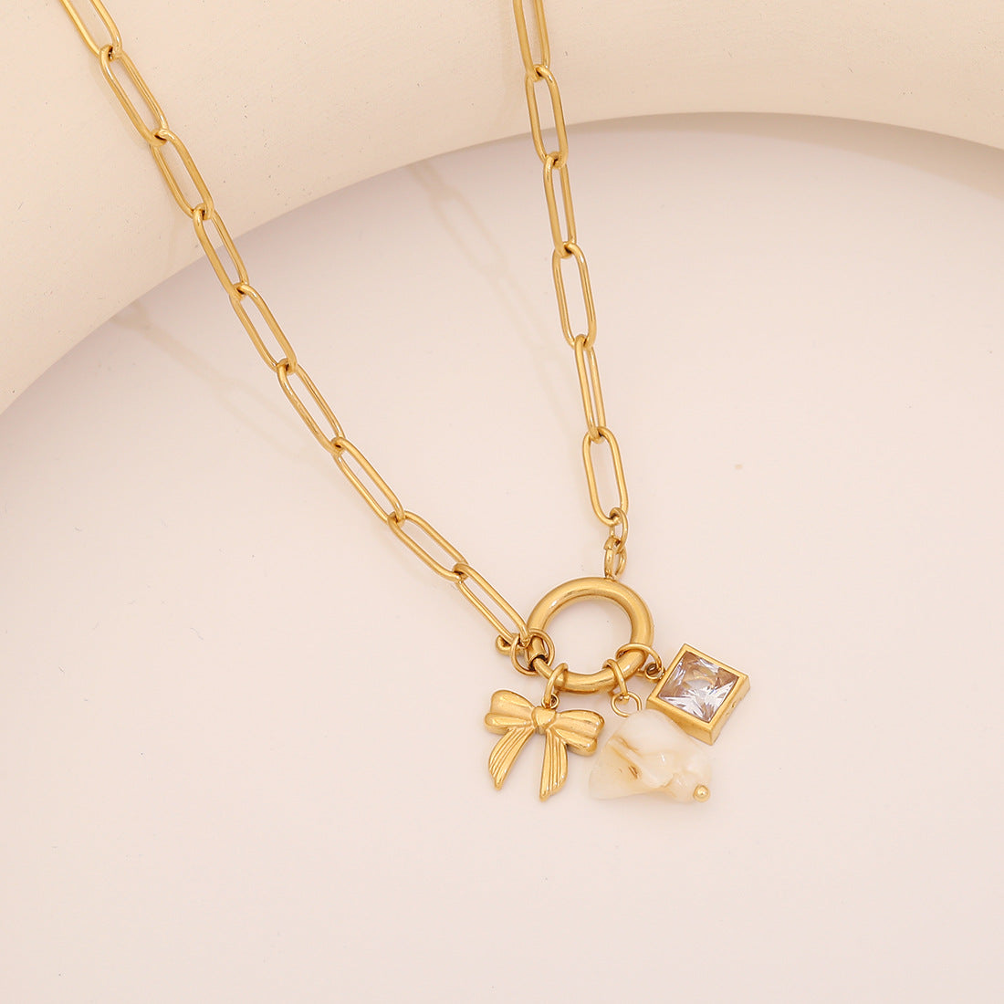 Plated Stainless Steel Starfish & Shell Animal Charm Bar Necklace for Women