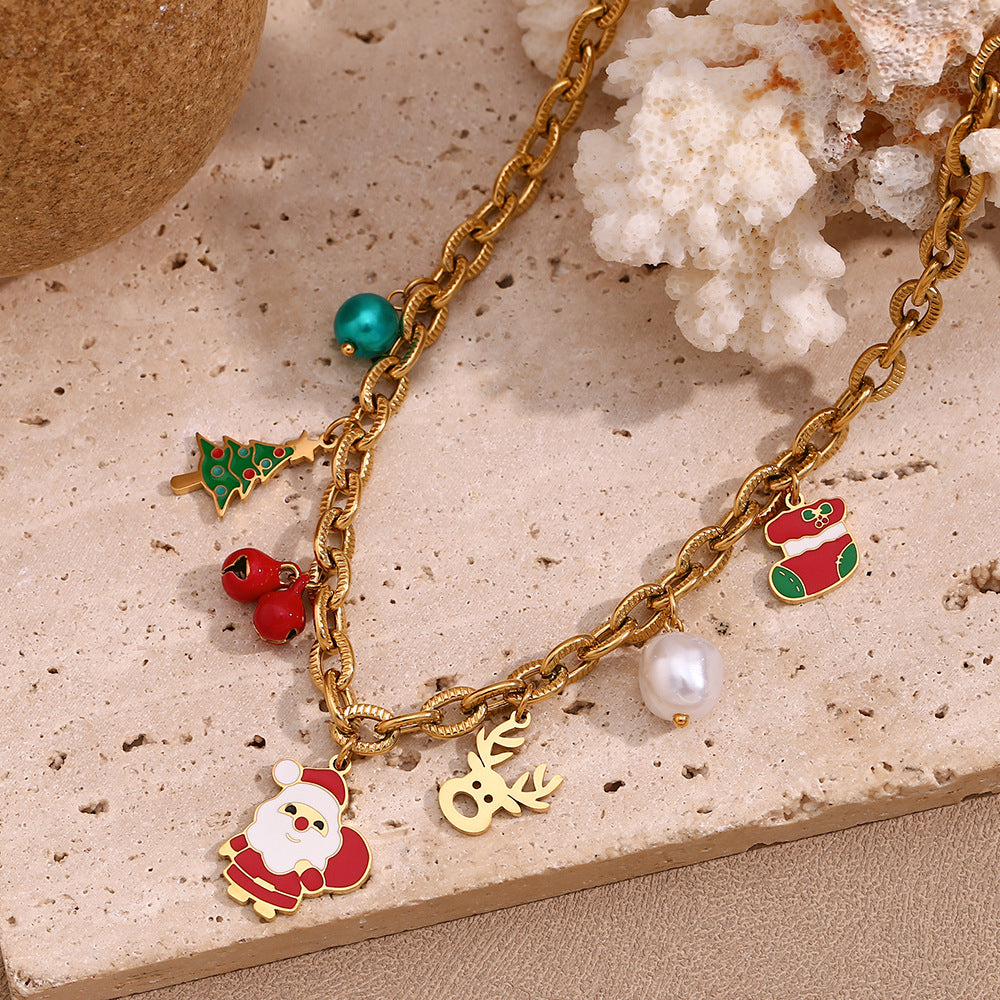 Fashionable Cartoon Character Pendant Necklace for Women Stainless Steel with 18K Gold Plating Large O-Shape Chain Christmas Theme Deer Santa Bell Design