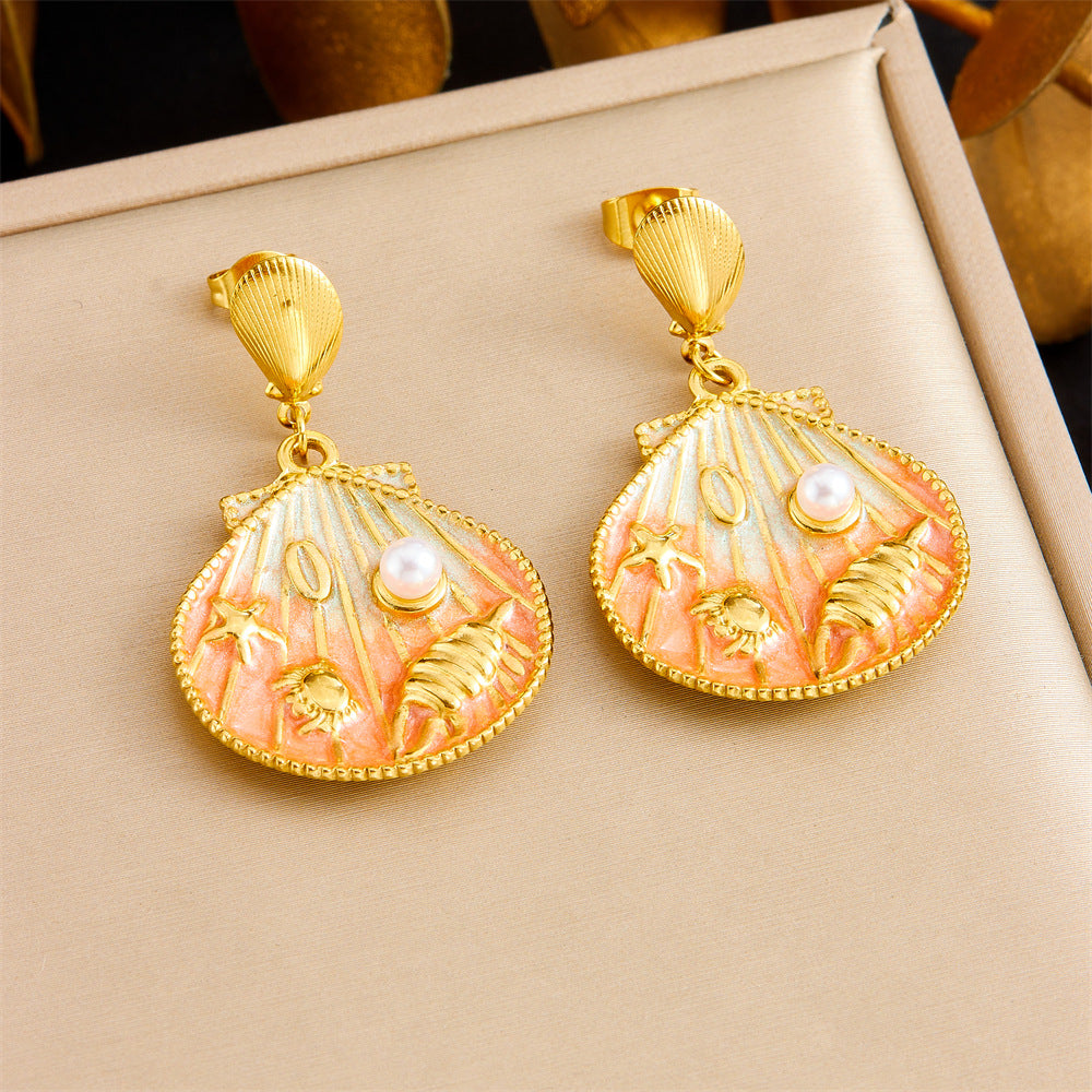Pendientes de acero inoxidable para mujer con colgante de esmalte de vieira, estrella de mar y concha, con diseño de dibujos animados, bonitos, inspirados en el océano y con degradado.