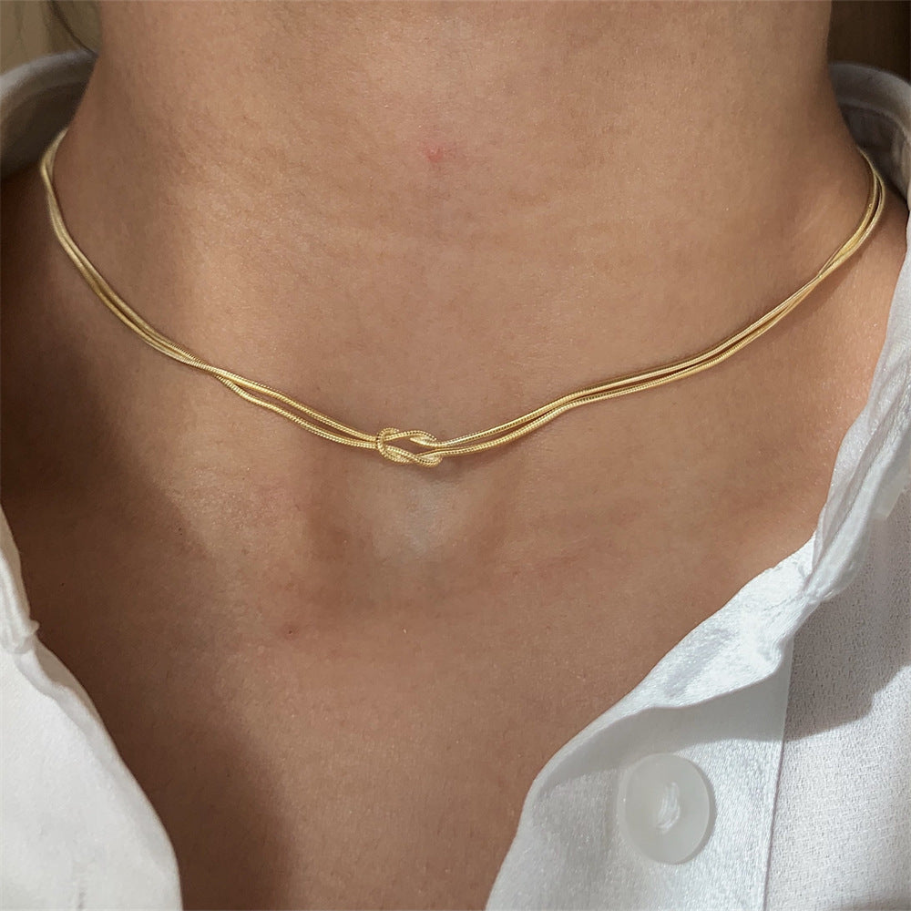 Geometric Stainless Steel Snake Chain Necklace with Hand-Knotted Detail for Women, Gold Plated and Tarnish-Resistant