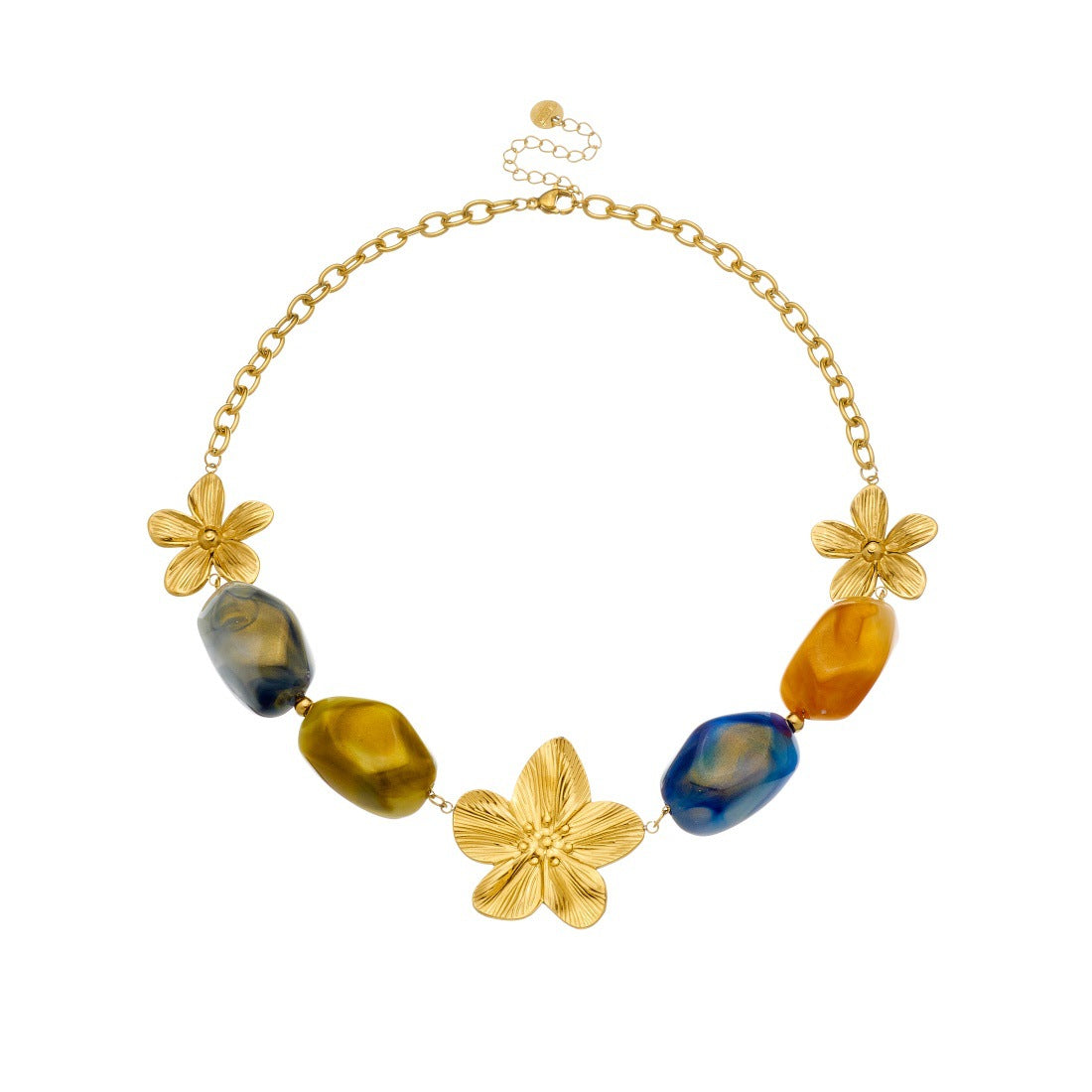 Vintage Gold Plated Stainless Steel Floral Camellia Pendant Necklace with Beaded Chain