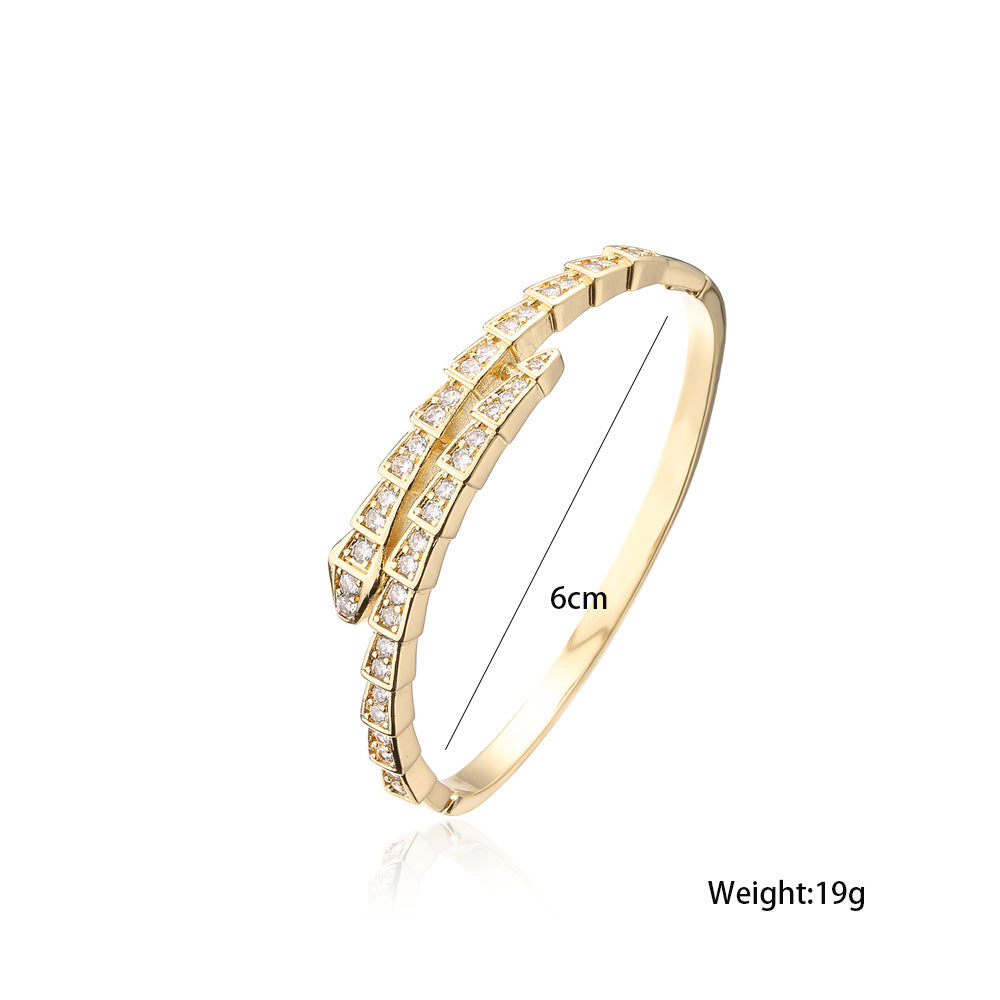 Fashion-Forward Geometric Snake-Shaped Copper Bracelet with Genuine Gold Plating and Micro-Paved Zirconia