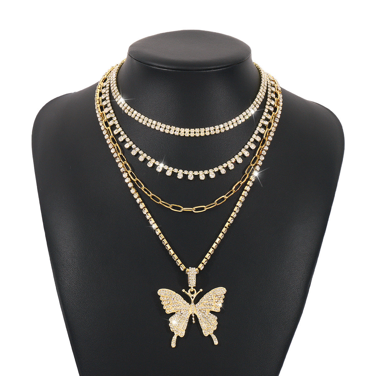 Collar con colgante de mariposa dulce y atrevido con incrustaciones de diamantes de imitación, cadena de caja multicapa de aleación, diseño geométrico, acabado chapado