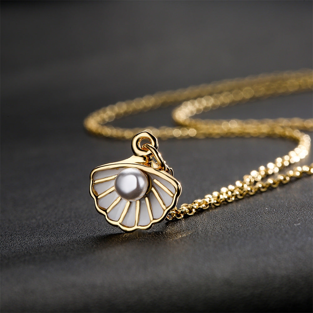 Geometric Drip Oil Gold Plated Brass Pendant Necklace with Pearl