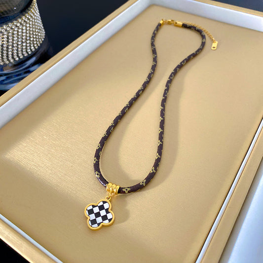 Vintage Geometric Checkered Stainless Steel Clover Pendant Leather Necklace Unisex