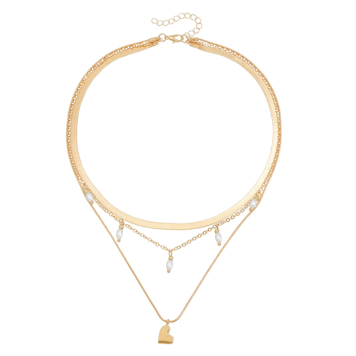 Vintage Heart Geometric Alloy Plated Necklace with Imitation Pearl Multi-Layer Snake Chain for Women