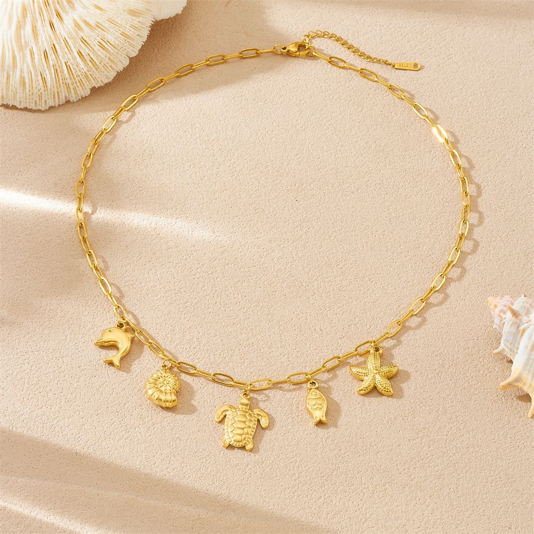 Luxury Casual Gold Plated Animal Stainless Steel Necklace Curb Chain Turtle Starfish Pendant for Women