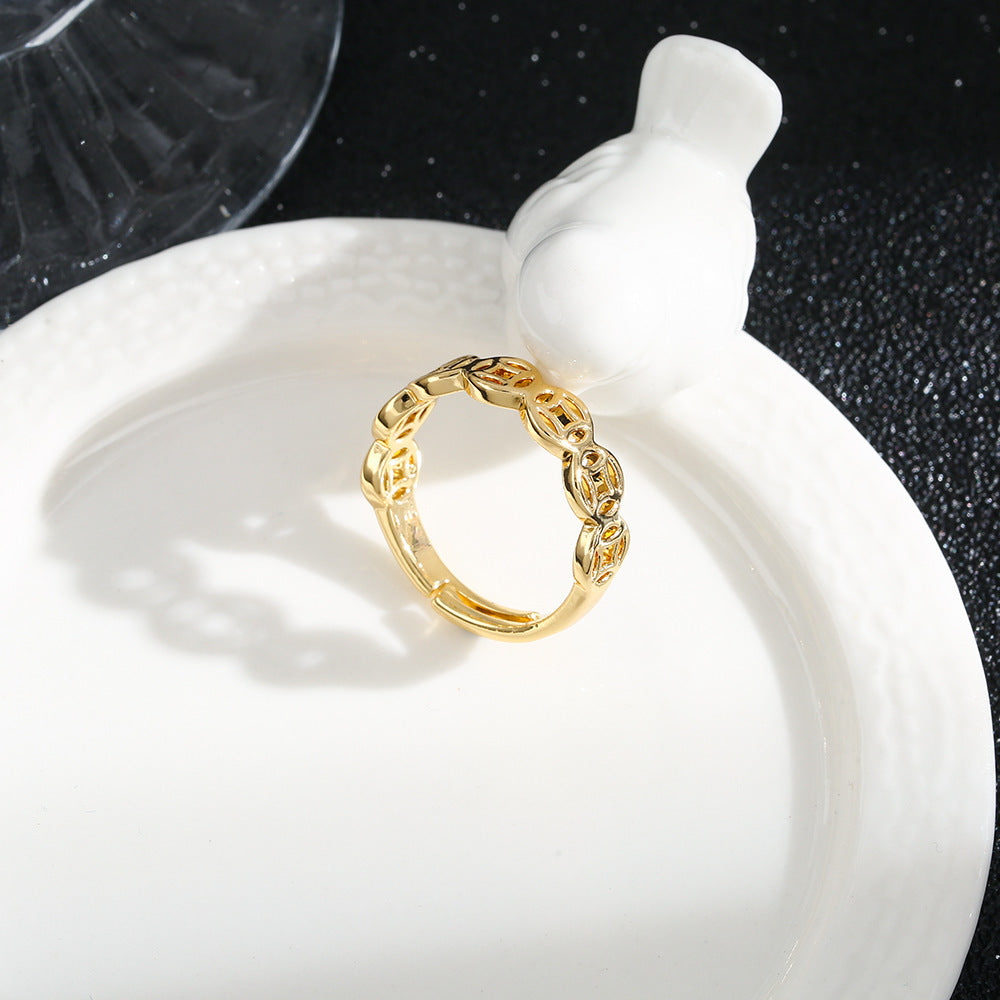 Anello a Fascia Aperta Regolabile in Rame con Placcatura in Oro 18K ad Alta Ritenzione del Colore, Design a Moneta che Preserva la Ricchezza, Anello di Moda Unisex