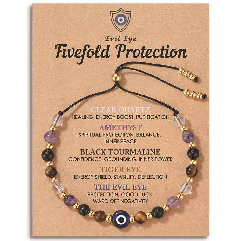 Elegant Geometric Crystal Beaded Bracelet with Evil Eye Charm and Adjustable Drawstring Closure for Women