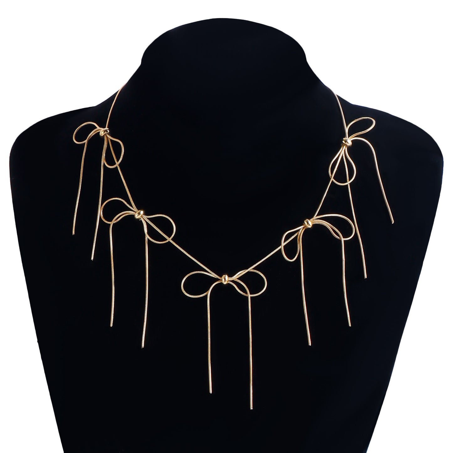 Fashionable Bowknot Tassel Pendant Necklace with Geometric Design on Polished Metal Snake Chain for Women