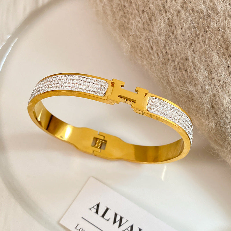 Paved Rhinestone Letter Open Cuff Titanium Steel Bracelet for Women