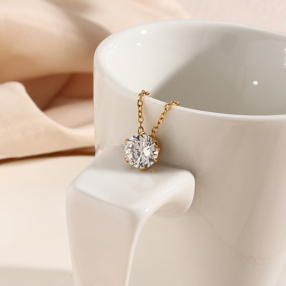 Fashionable OL Style Geometric Crown Pendant Necklace in Stainless Steel with White Zirconia and Plated Finish